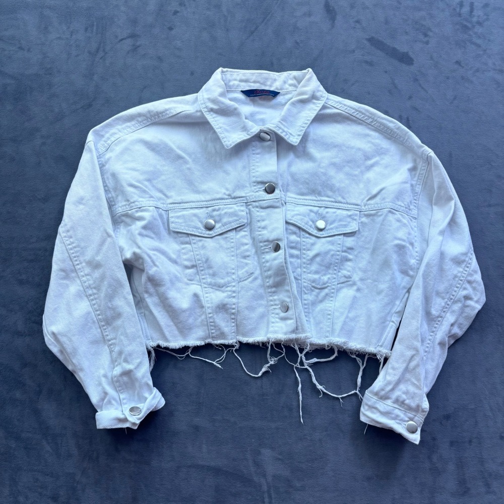 Excuse Womens White Cropped Denim Jacket Frayed Hem Distressed Cotton Size M